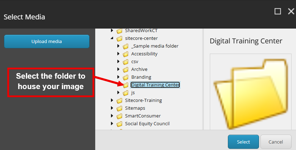 Screenshot of Media library folder selected to house the image