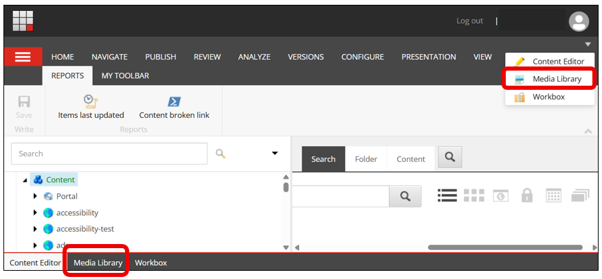 Screenshot showing the media library tab at the bottom left of the Sitecore screen.