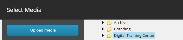 Screenshot showing the correct Media Library folder selected and the blue Upload media button