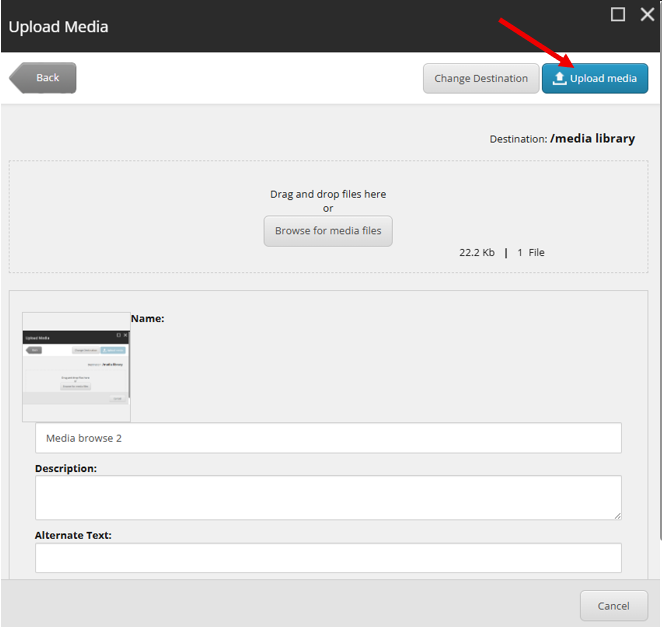 Screenshot with arrow pointing to the Upload media button