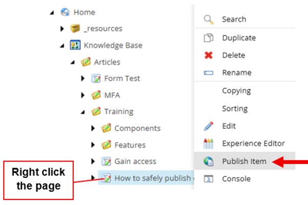 Screenshot of the Sitecore Content Editor with a page selected and the right‑click menu open showing the ‘Publish Item’ option