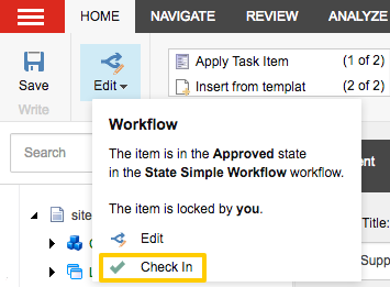 Check In dropdown option