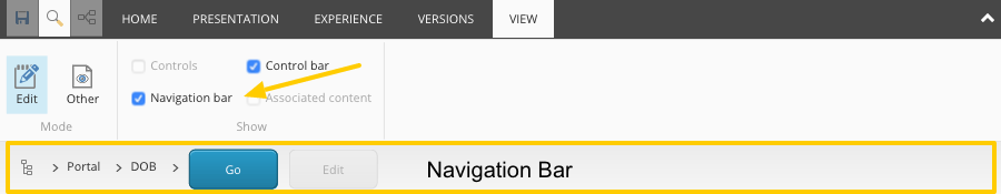 Experience Editor Ribbon: View tab with Navigation Bar activated.