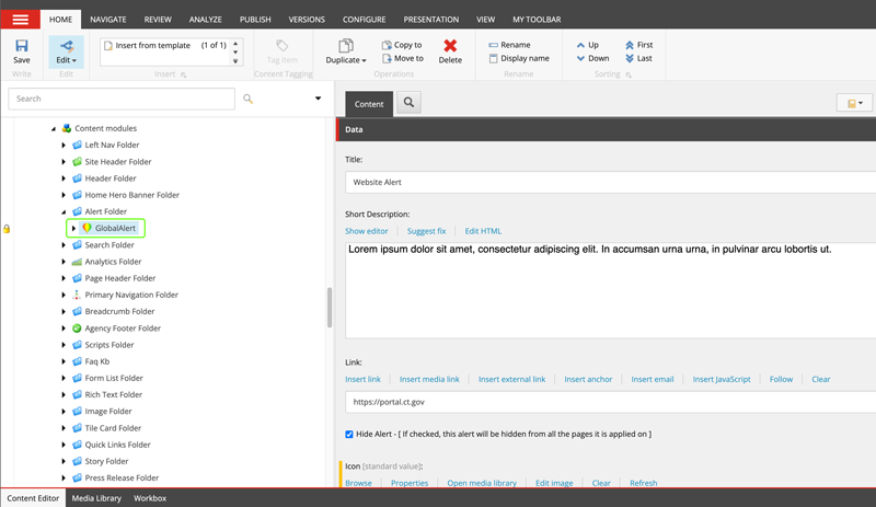 Global alert content editor.