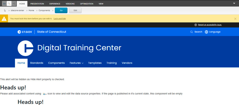 Experience Editor warning message.