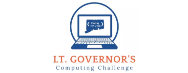 logo for the Lt. Governor’s Coding Challenge Website featuring a laptop and the state of Connecticut outline